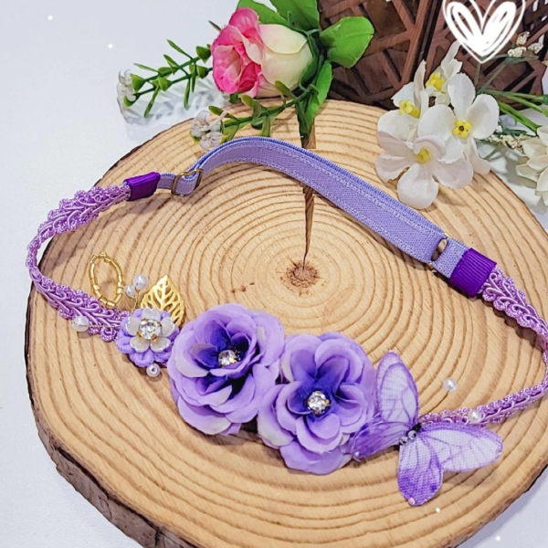 Tiara para bebê com regulagem com borboletas e flores