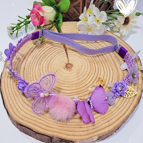 Tiara Lilás com flores e borboletas com regulagem para bebê