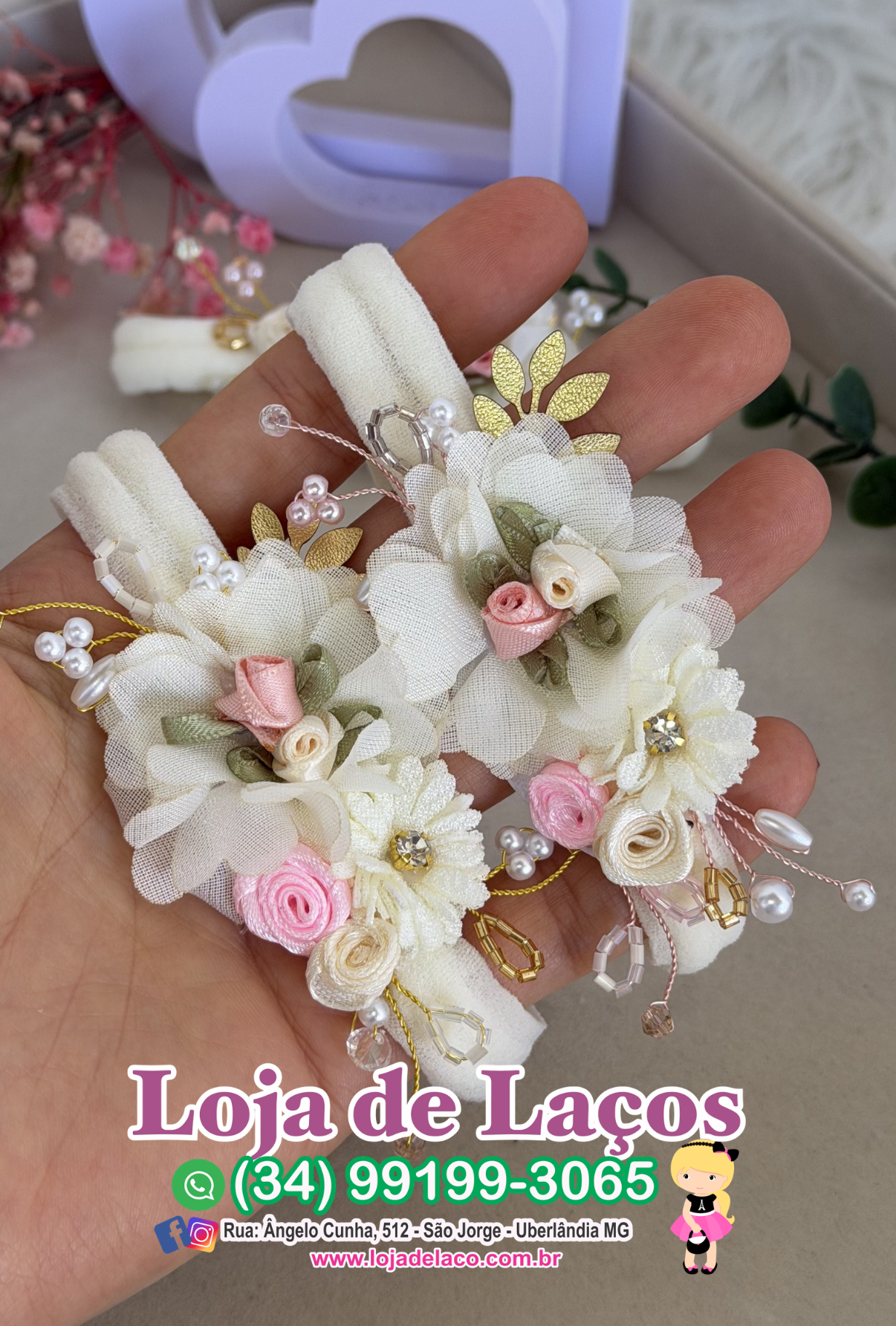 Laço na faixa delicado e linda cor creme - Imagem 2