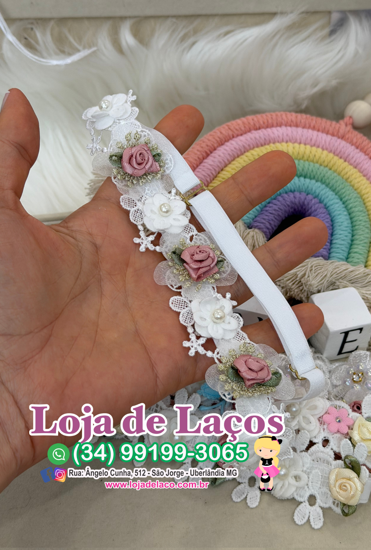 Tiara regulável com renda batizado - Imagem 3
