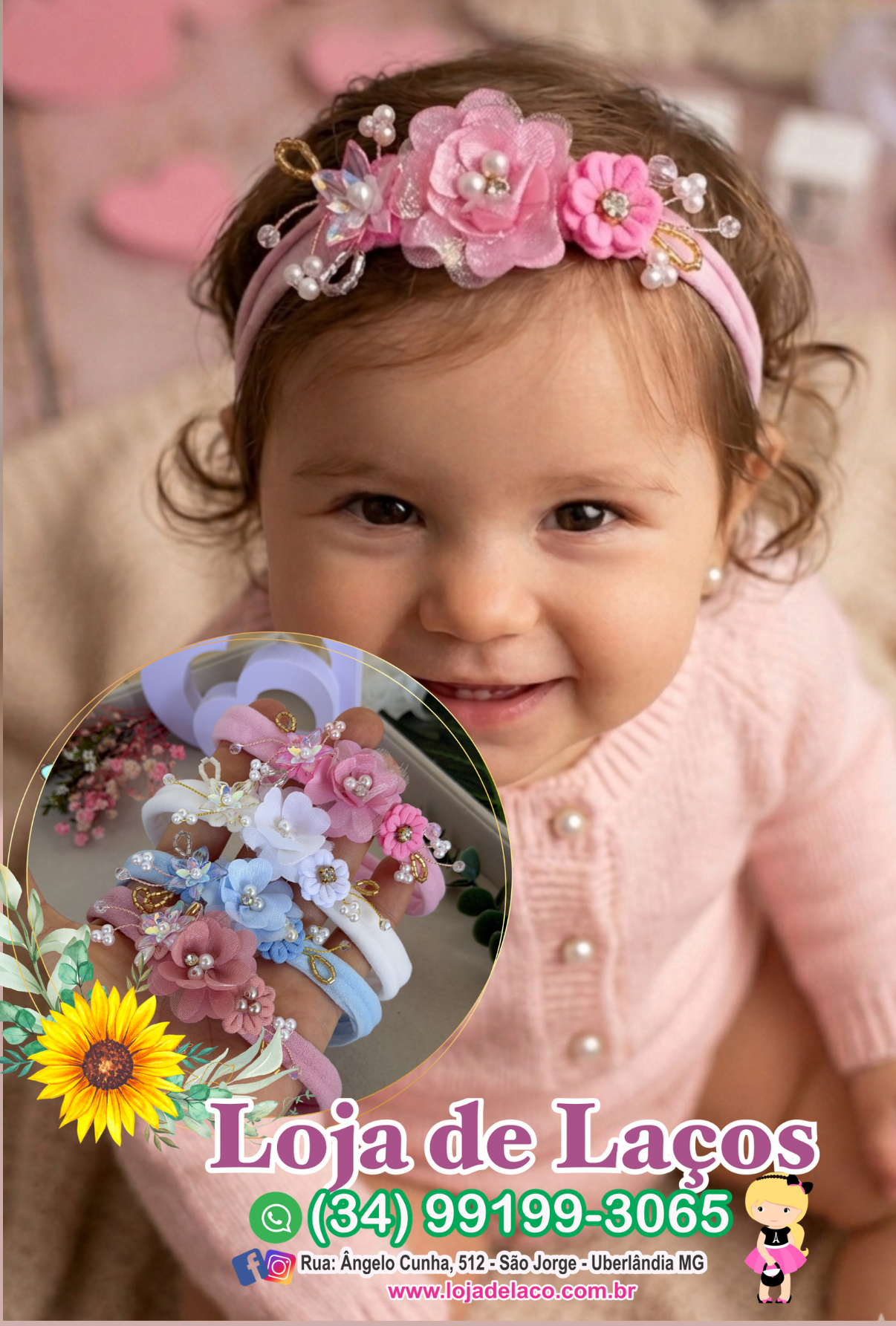 Laço de cabelo para bebê com flores e pérolas