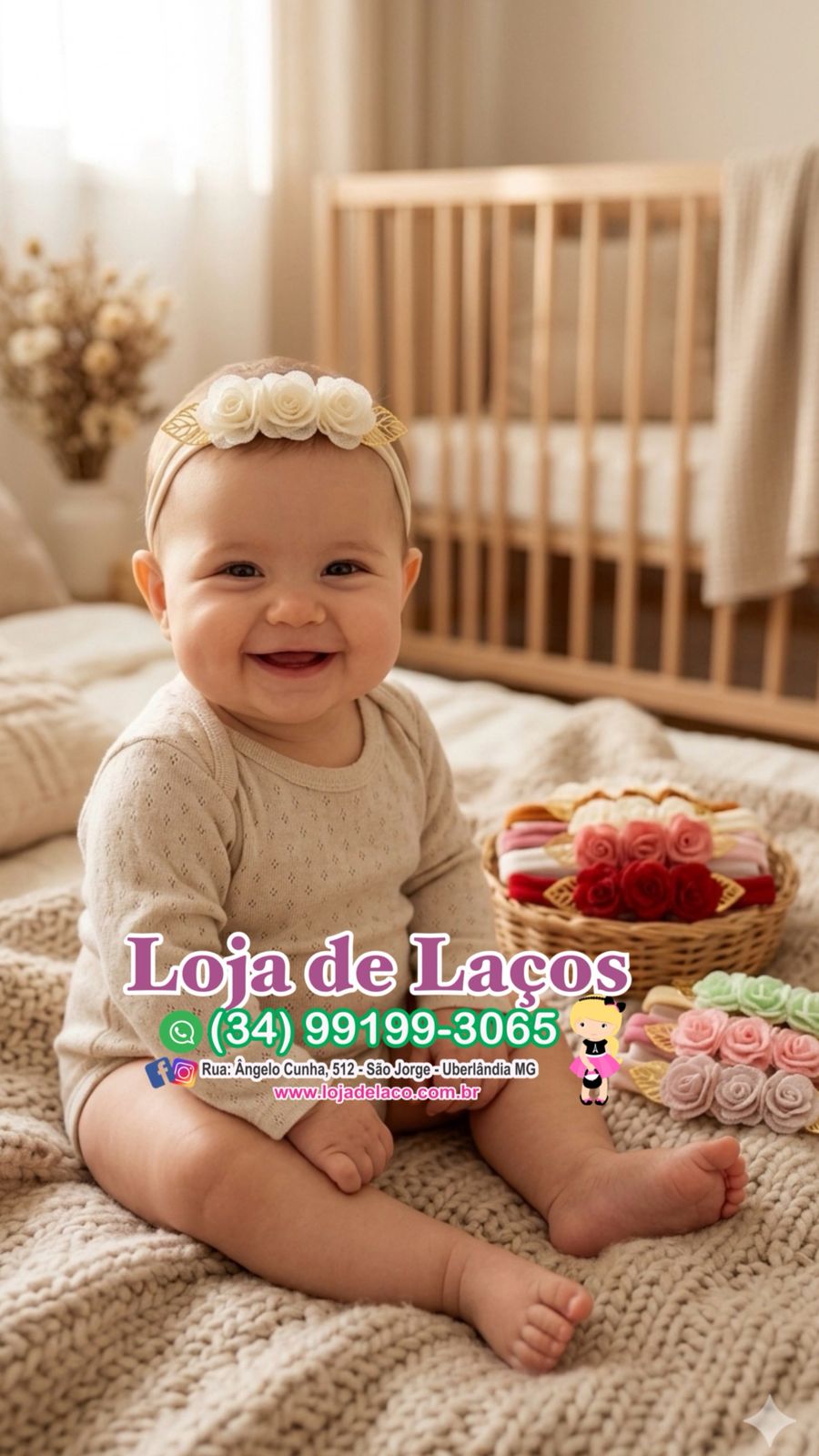 Laço na faixa com flores para bebê